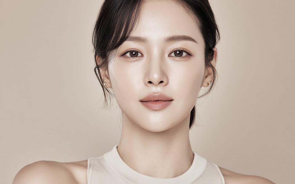 나나성형외과 이마축소술 설명 이미지, 이마가 넓은 경우 헤어라인이 자연스럽게 내려간 여성 얼굴 정면 모습 이미지